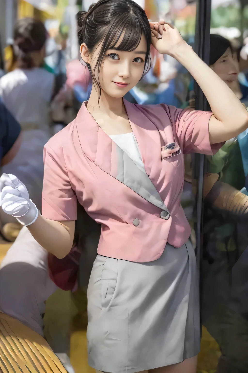 (masterpiece:1.2, Best Quality:1.2), 32K HDR, High resolution, (Alone、1 girl)、（On the roof of a building during the day、Professional Lighting）、Building rooftop background、（Nankai train crew uniform pinkを着たリアルスタイル）、（Nankai Railway crew uniform, pink, short sleeve, collarless, pink jacket、Nankai Railway crew uniform pink no-collar short-sleeve blouse、Nankai Railway crew uniform pink grey knee-length culottes）、（（The bottom of the pink short-sleeved jacket cannot be tucked into the clay-colored culottes..））、Dark brown hair、（Hair tied up、Hair Bun、Hair Bun）、Dark brown hair、Long Shot、Big Breasts、Thin legs、（（Great hands：2.0）），（（Harmonious body proportions：1.5）），（（Normal limbs：2.0）），（（Normal finger：2.0）），（（Delicate eyes：2.0）），（（Normal eyes：2.0））)、smile、（Nankai Railway crew uniform pink grey knee-length culottesを見せた美しい立ち姿） 