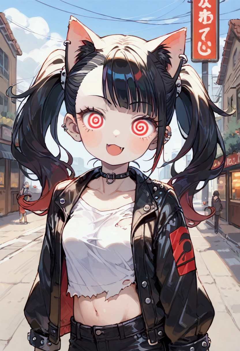 solo,1girl\(cute, kawaii, age of 12,(evil smile:1.2),open mouth, fang, (black hair:1),(long hair),(twin tails hair),pale skin, skin color blue, red eyes, eyes shining, (big eyes),(breast:1.4),(punk fashion:1.6),(ripped clothes:1.5),(tight tube top),(tight hot pants),(stomach shown:0.8),(ripped black short jacket:1.4),(fluffy black cat-ear:1.4),(dynamic pose:1.2), spiralwash eyes, spiral eyes,bang\), BREAK ,background\(outside, noisy city, backstreet, narrow street, neon lights, at night\),score_9, score_8_up, score_7_up, score_6_up, score_5_up, score_4_up, source_anime,source_furry,rating_safe,rating_questionable,masterpiece, best quality, perfect anatomy , very aesthetic , absurdres ,