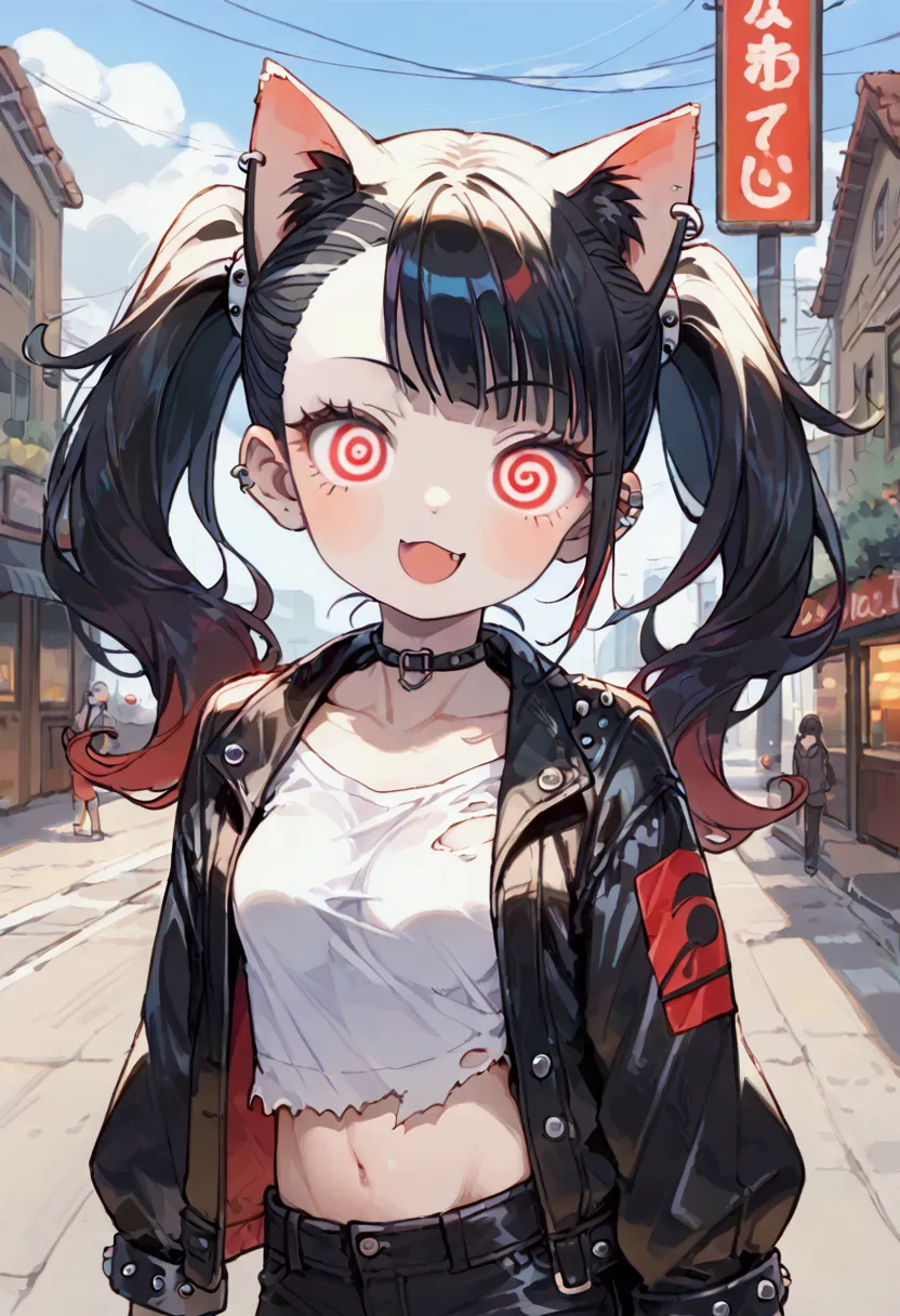 solo,1girl\(cute, kawaii, age of 12,(evil smile:1.2),open mouth, fang, (black hair:1),(long hair),(twin tails hair),pale skin, s...