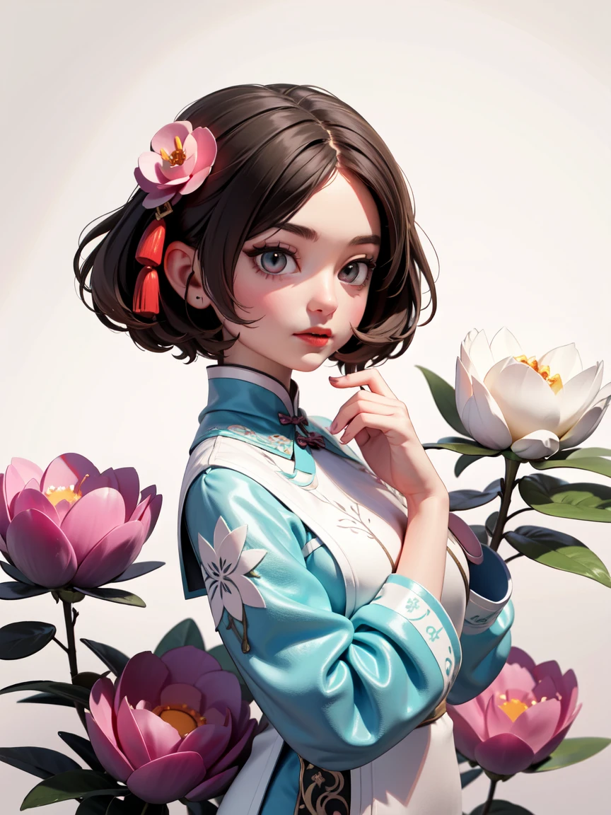 1girl,solo, an animated character with brown hair and large, expressive eyes. She is surrounded by peonies, wearing a traditional Chinese blouse with intricate designs. The overall tone of the image is soft and pastel, with a touch of elegance, masterpiece,best quality,very aesthetic,absurdres,