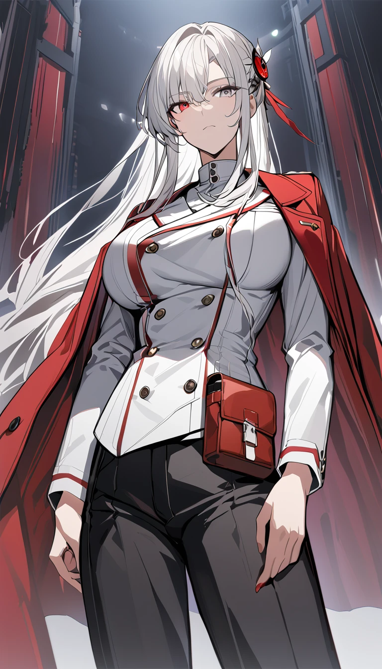 Best quality, illustration, 1girl, white hair, solo, large breasts, tall, mature, long hair, expressionless, black pants, hair ornament, heterochromia, red eyes, gray eyes, red pouch, (white_double-breasted_suit:1.2), red coat on shoulders, 