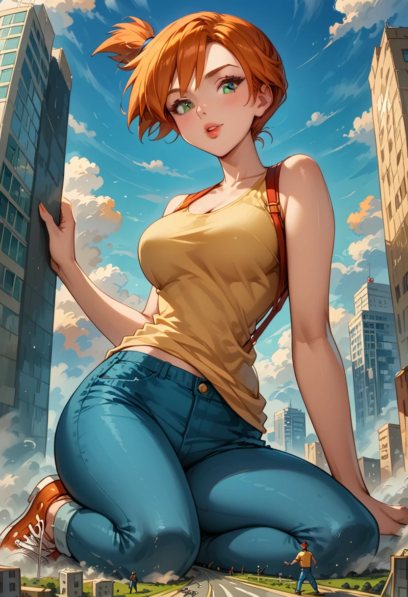 Dark Fantasy Art of score_9, score_8_up, score_7_up, rating_questionable, fantasy, lighting, epiCPhoto 1girl, mature woman, very sexy (Misty_Pokemon), (short hair, orange hair, one side up hair, green eyes, medium breasts, skinny), cleavage, (yellow t-shirt, tight sleeveless t-shirt, red suspenders:1.3), blue shorts, red sneakers, solo, cute, flirt, gaze, sexy look, half-closed eyes, head tilt, filled lips, thick lips, makeup, (Washington D.C.:1.6), modelling shoot, kneeling, (grinding on large marble obelisk, buttjob:1.5), sexy pose, dark, moody, dark fantasy style, (daytime, sunny:1.2), ((giant, giantess, jvdaniang, mega size:1.4), low angle.