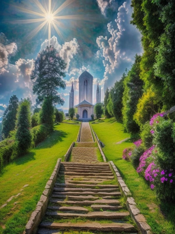 The Biblical Stairway to Heaven, otherworldly wonders, divine, luminous, the staircase to heaven, stairway to heaven, Stairway to heaven leads to heaven's door, Holy stairway to heaven with door, distant view, God's light through the clouds, Religious, No humans appear, ((highest quality)), ((masterpiece:1.3)), (ultra high resolution, Realistic, Photorealistic:1.37, Beautiful detailed), 