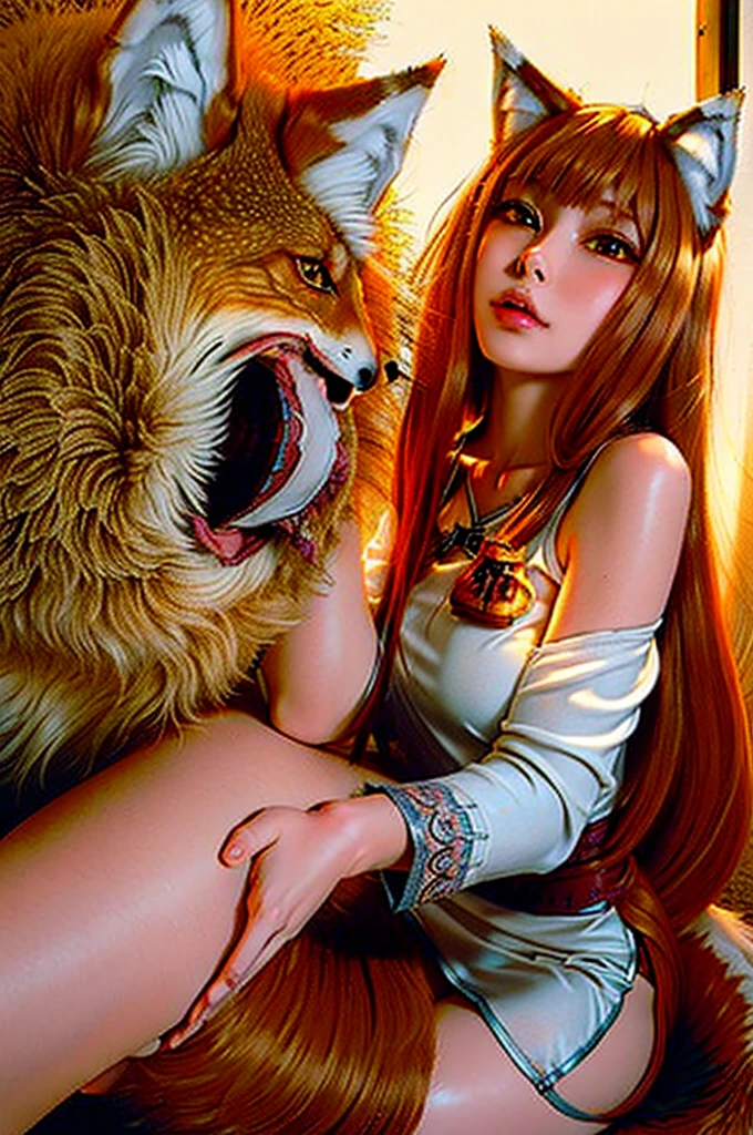 ((ultra realistic 8k cg)), masterpiece, ((ultra detailed background, delicate pattern, intricate detail)), (highly detailed, fine details), best quality, (photorealistic:1.4),((NSFW)),beautiful lighting, absurdres, RAW photo, film grain,(((detailed eyes))),a beautiful young girl,(cosplay),Holo the wise wolf, (stretching her legs,beding forward),((wolf ears)),((ginger hair)), ((medium breasts, slim girl)), ((Nipples slip)),((wedgie)),(pussy peaking),(((very lewd clothes))),1Girl, Solo, ((very young looking)) ,((young girl)), wolf ears, clear radiant eyes, perfect eyes.