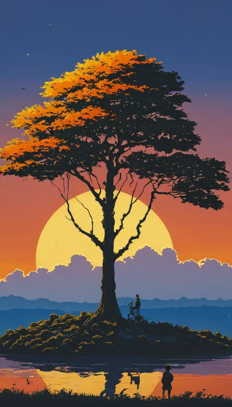 (Minimalism:1.4), Draw a simple Tintin style art of a tree with orange fruits, lonely sunset, clouds , studio ghibli art, miyazaki,  , Makoto Shinkai!!, anime movie background best quality best of SeaArt HD
