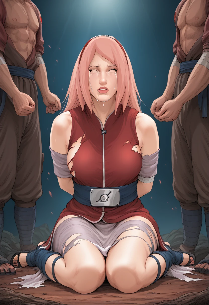 1girl haruno sakura (Naruto), adult haruno sakura as Ninja queen captured by ninja soldiers, ((defeated queen)), (spoils of war), beautiful face, perfect face, fully clothed, tears, ((lips closed)), arms held back, ((torn clothes)), ((sitting on ground)), crying eyes, black eyeliner, running eyeliner, eyes open, badly damaged clothes, curvy, medium breasts, long hair, facing viewer, Masterpiece quality, high definition, detailed face, realistic face & body, Easy negative, score_9, score_8_up, score_7_up, score_6_up, score_5_up, score_4_up, uncensored
