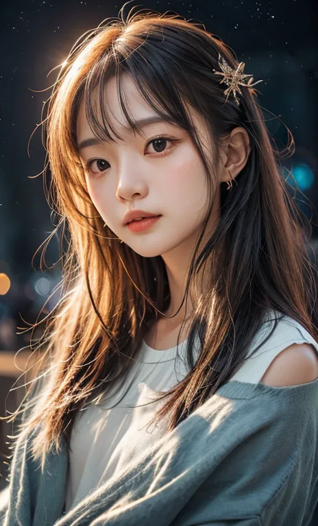 a japanese woman gazing up at a night sky filled with twinkling stars. she is wearing a seer white off shoulder shirt and her fa...