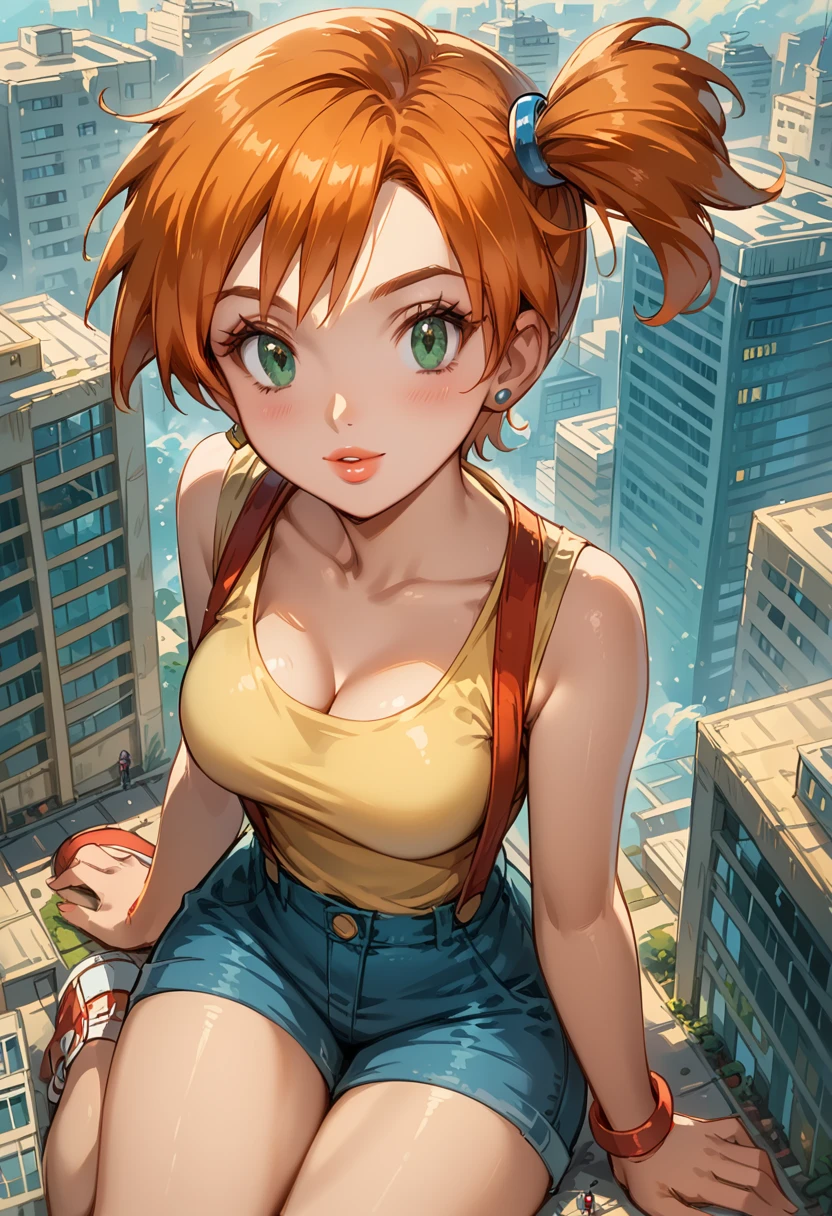 Dark Fantasy Art of score_9, score_8_up, score_7_up, rating_questionable, fantasy, lighting, epiCPhoto 1girl, mature woman, very sexy (Misty_Pokemon), (short hair, orange hair, one side up hair, green eyes, medium breasts, skinny), cleavage, (yellow t-shirt, tight sleeveless t-shirt, red suspenders:1.3), blue shorts, red sneakers, solo, cute, flirt, gaze, sexy look, half-closed eyes, head tilt, filled lips, thick lips, makeup, (Washington D.C.:1.6), modelling shoot, kneeling, (grinding on large marble obelisk:1.5), sexy pose, dark, moody, dark fantasy style, (daytime, sunny:1.2), ((giant, giantess, jvdaniang, mega size:1.4), high angle.