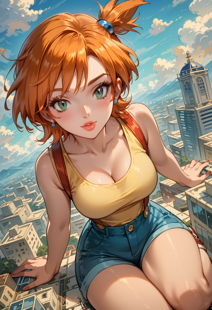 Dark Fantasy Art of score_9, score_8_up, score_7_up, rating_questionable, fantasy, lighting, epiCPhoto 1girl, mature woman, very sexy (Misty_Pokemon), (short hair, orange hair, one side up hair, green eyes, medium breasts, skinny), cleavage, (yellow t-shirt, tight sleeveless t-shirt, red suspenders:1.3), blue shorts, red sneakers, solo, cute, flirt, gaze, sexy look, half-closed eyes, head tilt, filled lips, thick lips, makeup, (Washington D.C.:1.6), modelling shoot, kneeling, (grinding on large marble obelisk:1.5), sexy pose, dark, moody, dark fantasy style, (daytime, sunny:1.2), ((giant, giantess, jvdaniang, mega size:1.4), high angle.