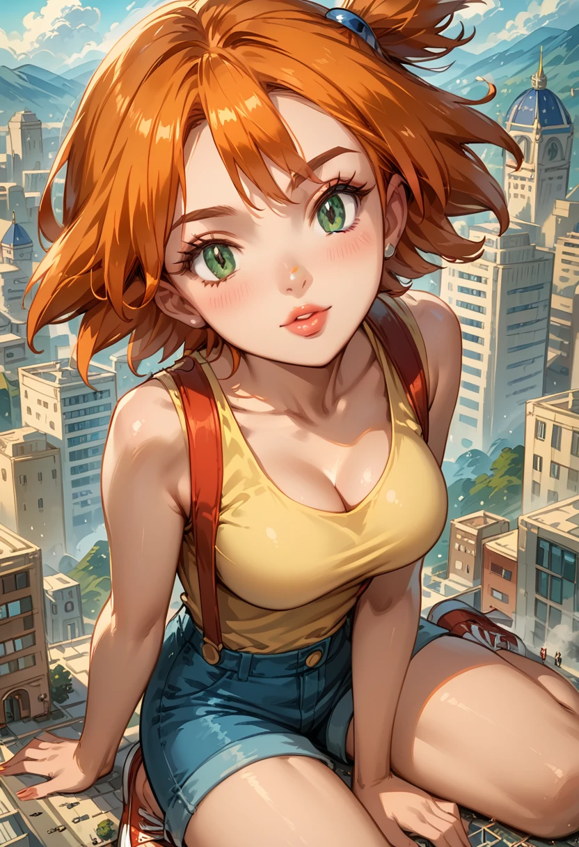 Dark Fantasy Art of score_9, score_8_up, score_7_up, rating_questionable, fantasy, lighting, epiCPhoto 1girl, mature woman, very sexy (Misty_Pokemon), (short hair, orange hair, one side up hair, green eyes, medium breasts, skinny), cleavage, (yellow t-shirt, tight sleeveless t-shirt, red suspenders:1.3), blue shorts, red sneakers, solo, cute, flirt, gaze, sexy look, half-closed eyes, head tilt, filled lips, thick lips, makeup, (Washington D.C.:1.6), modelling shoot, kneeling, (grinding on large marble obelisk:1.5), sexy pose, dark, moody, dark fantasy style, (daytime, sunny:1.2), ((giant, giantess, jvdaniang, mega size:1.4), high angle.