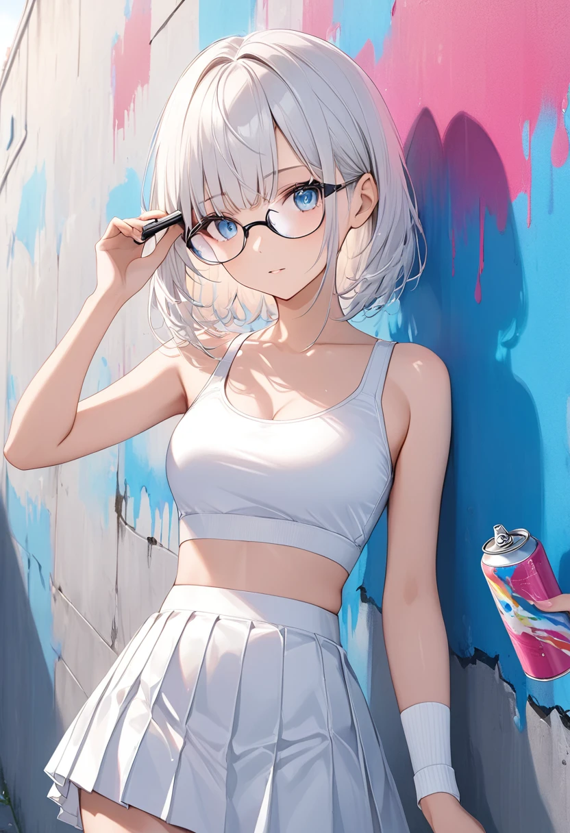 anime、((Amazingly absurd)),(masterpiece:1.2),超High resolution, Attention to detail, high quality, High resolution, 最high quality, 4K, 8k、Cool woman,White sports bra,Wear a white drop shoulder top,I can see the shoulders,Put safety glasses on your forehead,Bangs above protective glasses,White Hair,Center Parting,Two bangs,blue eyes,White mini skirt,The clothes are painted with colorful paint.,White socks,Holding a can of spray,Calm,Spray painted wall