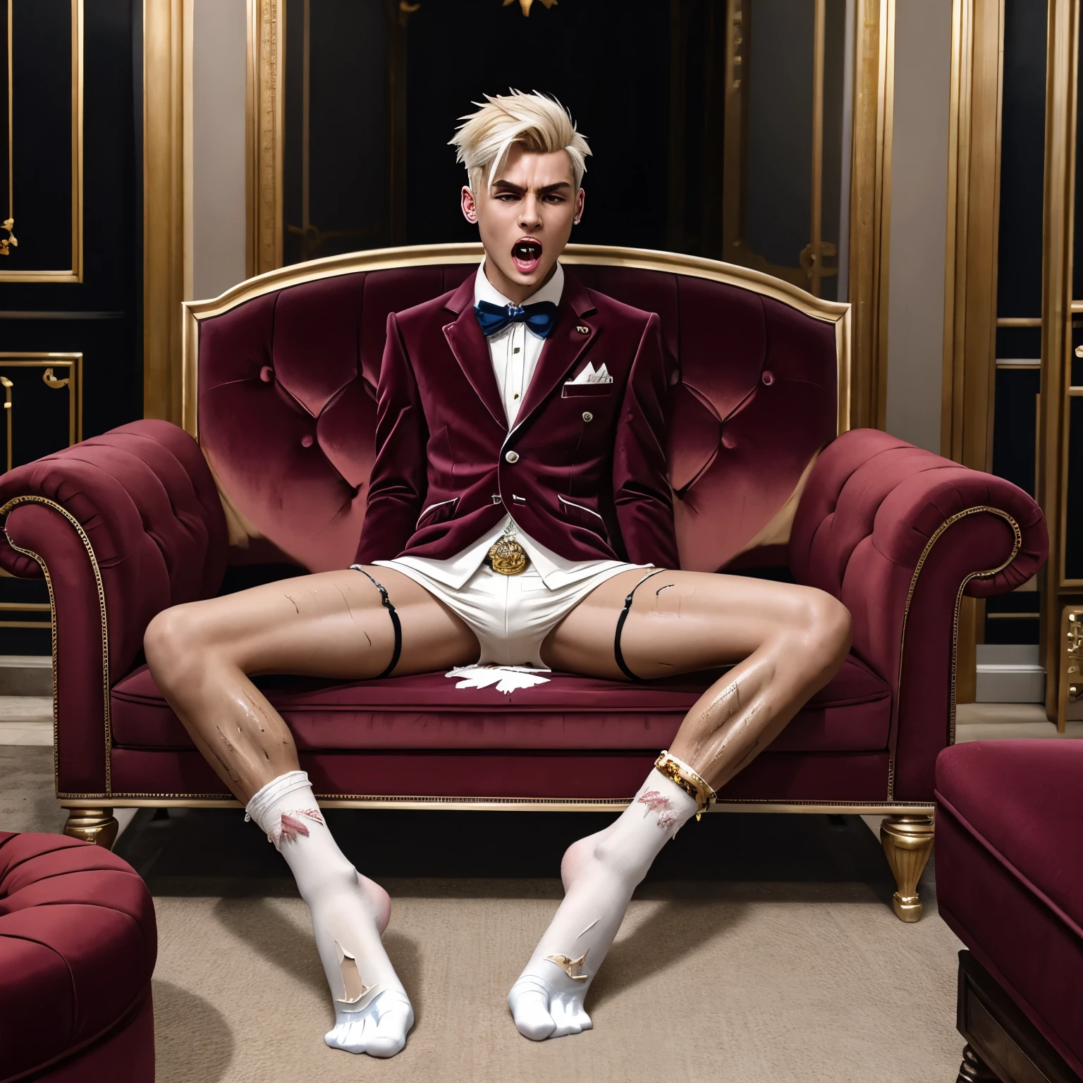 full body view, extremely over-fag fashion european arrogant handsome queer platinum blond undercut boy, skinny in hyper-hype fashion outfit and lots of jewelery, very long dirty nails, sprawled on luxurious red velvet armchair, drinking Champagne, drunk, screaming, at fashion week, Paris. Hermes fashion luxurious slides and largely torn white filthy ruffle sheer ankle socks. Slapped by his wealthy suited angry preppy boss. His filthy torn socks must be seen out of the slides