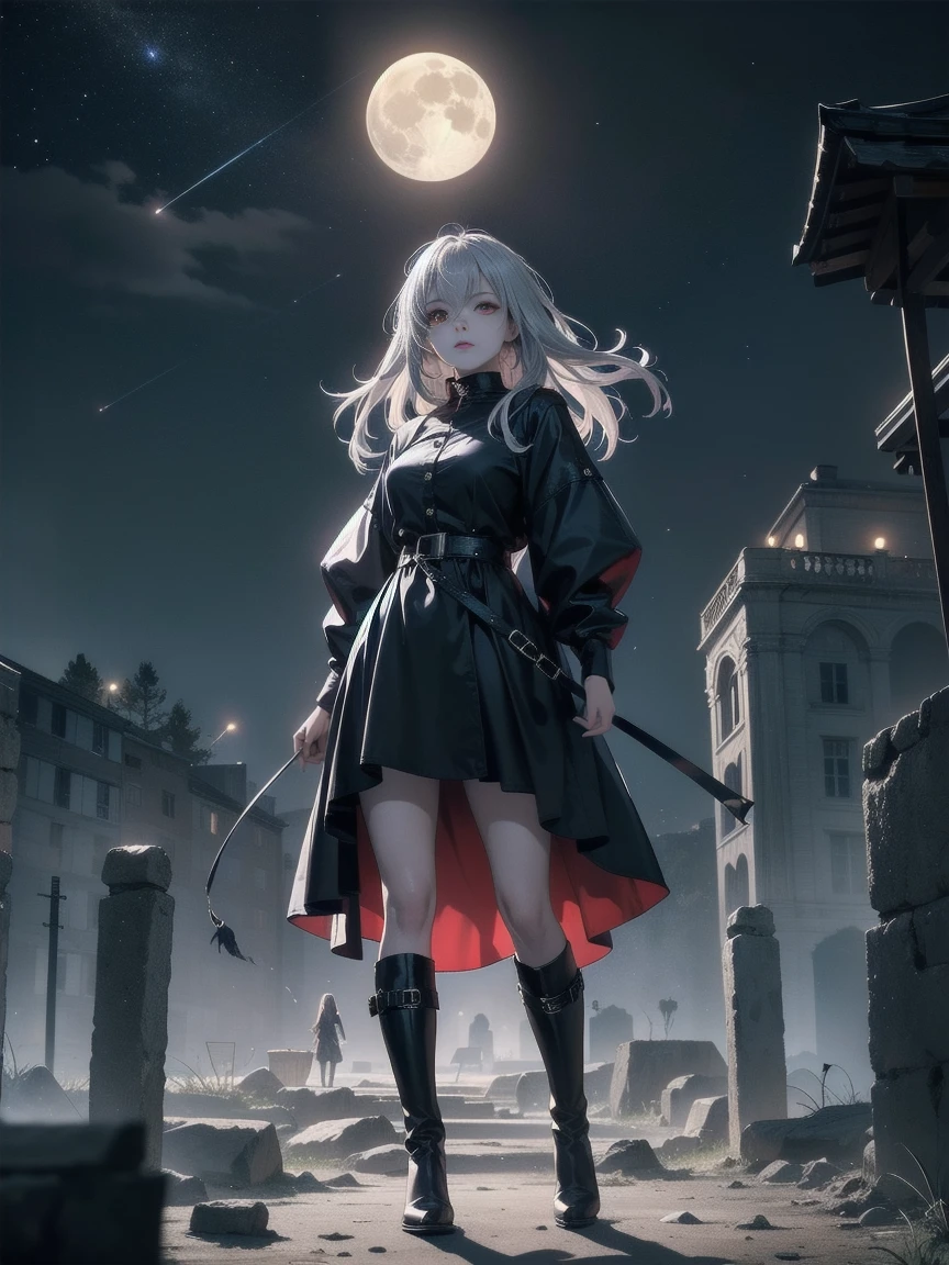 A 20-year-old girl with long silver hair down to her waist, red eyes, and a serious expression. She wears a black dress and tall black boots. Her skin is pale, and her lips are red. She exudes a dark aura. A shadowy monster lurks behind her. She stands in a combat stance, facing forward, with stones rising around her due to her power. The background is a starry night with a full moon in the distance, Ensure the moonlight casts dramatic shadows and highlights the silver sheen of her hair and the dark aura surrounding her, Emphasize the texture of the dress and boots, the glow of her red eyes, and the sharpness of the stones levitating around her, Create a contrast between the dark, ominous aura and the serene, starry sky, with the full moon providing a mystical ambiance, Capture the sense of power and tension in the scene, with the stones mid-air and the girl's stance suggesting imminent action.