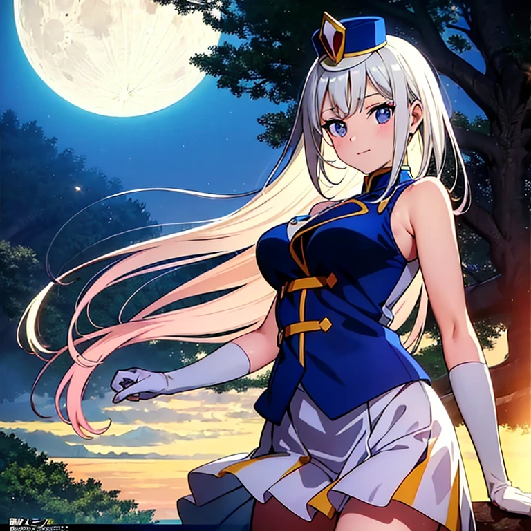 Anime girl walking near a cliff, Beautiful fantasy anime, high detailed Official Art, Silver-haired god, Shadowverse Style, Anime Goddess, Nightcore, Detailed Key Anime Art, Official Art, Masterpiece Goddess of Beauty, Anime fantasy illustration, Detailed digital anime art, Epic light novel art cover, From the Arknights video game, Anime fantasy artwork, Calm background, Bright white moon, white beach dress, View of the sea