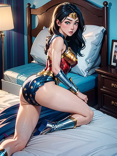 girl, 12, mongolian, wonder woman outfit, muscular, leotard, bed