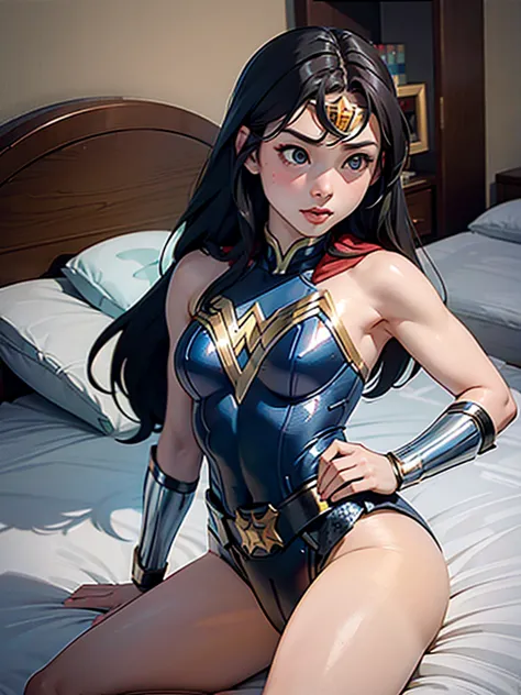 girl, 12, mongolian, wonder woman outfit, muscular, leotard, bed