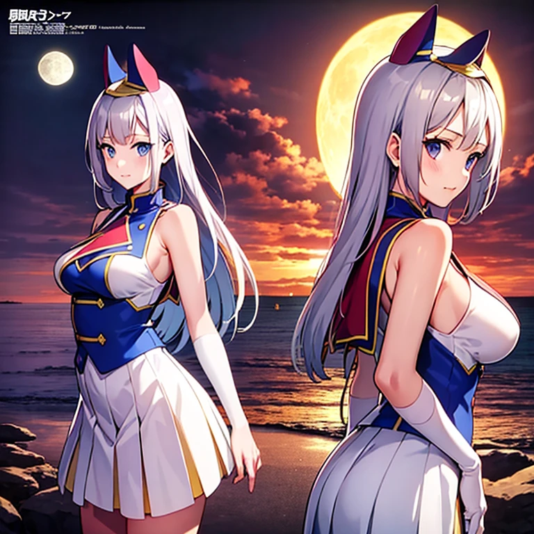 Anime girl walking near a cliff, Beautiful fantasy anime, high detailed Official Art, Silver-haired god, Shadowverse Style, Anime Goddess, Nightcore, Detailed Key Anime Art, Official Art, Masterpiece Goddess of Beauty, Anime fantasy illustration, Detailed digital anime art, Epic light novel art cover, From the Arknights video game, Anime fantasy artwork, Calm background, Bright white moon, white beach dress, View of the sea