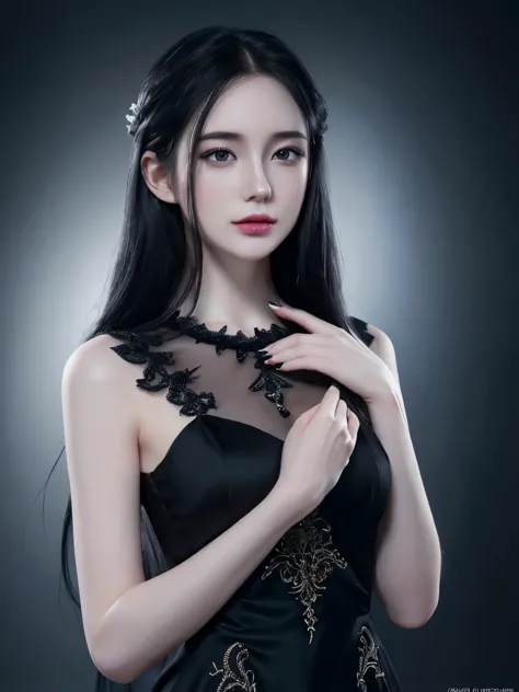 beautiful girl with realistic black eyes, pale skin, long black hair, perfect face, perfect eyes, ((wearing a elegant dress)),ve...