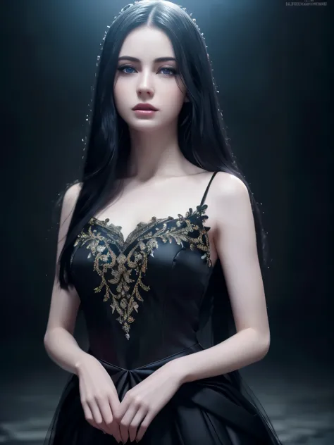 beautiful girl with realistic black eyes, pale skin, long black hair, perfect face, perfect eyes, ((wearing a elegant dress)),ve...