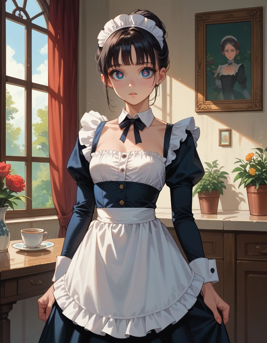 do, Best Quality, Beautiful quality, High resolution, Slender, Black Hair, Red inner color, Big Eyes, Sparkling Eyes, Slender, Medium chest, Maid uniform