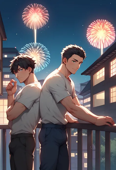 draw two men. they are two japanese men wearing yukatas, leaning on the railing of an apartment building rooftop late at night a...