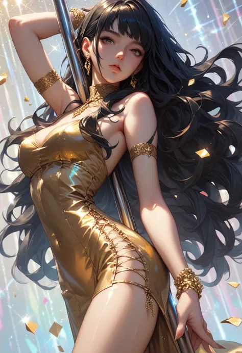 score_9, score_8_up, score_7_up, score_6_up, source_anime, 1girl, microdress, solo, pole dancing, long hair, black hair, gold dr...