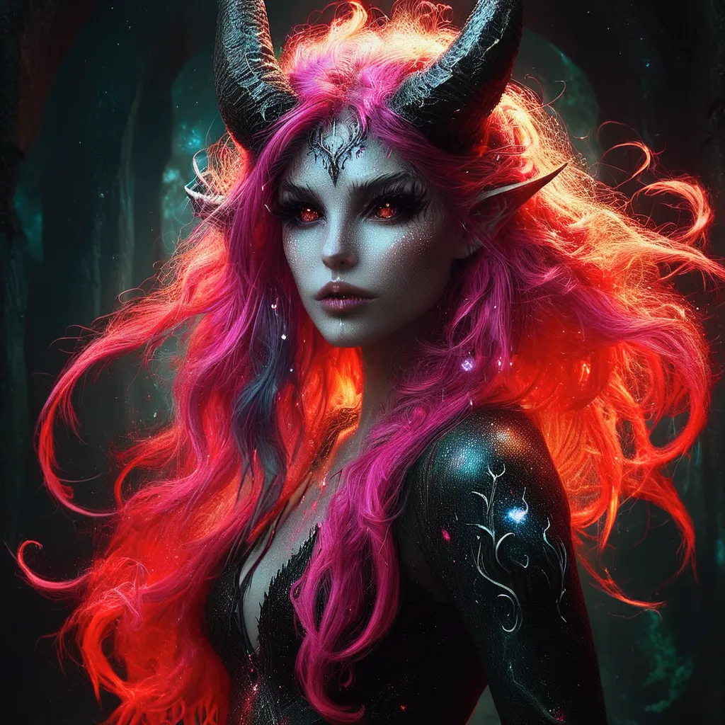 brightly colored hair of a woman with horns and horns on her head, epic fantasy art style hd, colorfull digital fantasy art, epi...