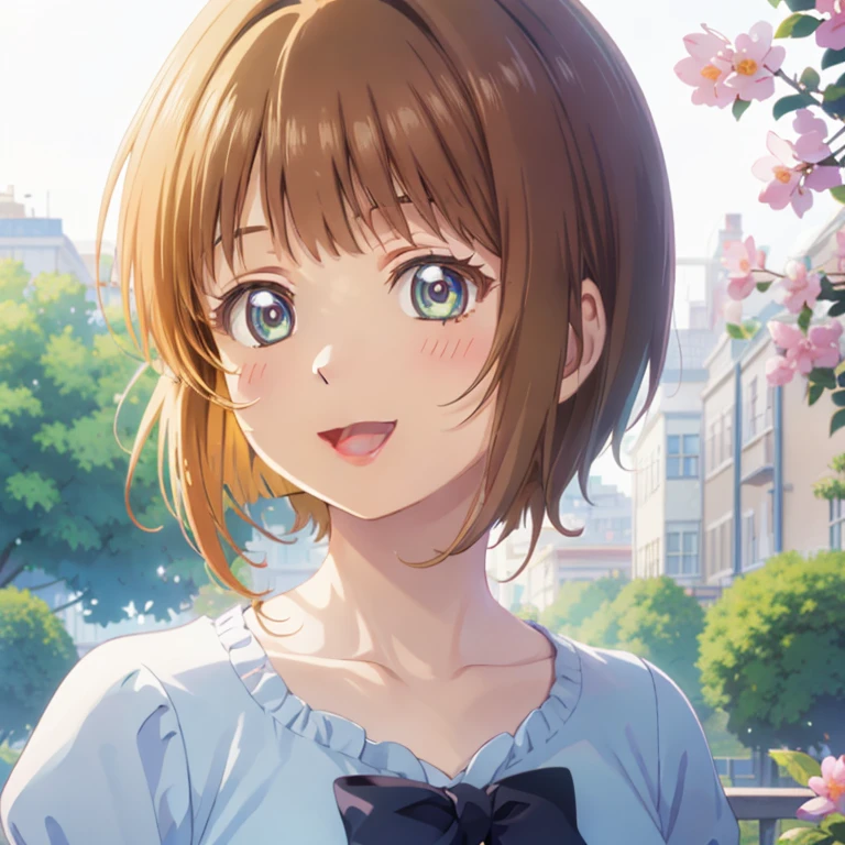 masterpiece, Best Quality, High resolution, One Girl, Detailed face, Red cheeks, Anime CG Style, Mid-chest, (1 girl:D-UP), Good lighting, Perfect body, Sakura Kinomoto, Glossy lips, city, garden, Light Smile Idol Dress