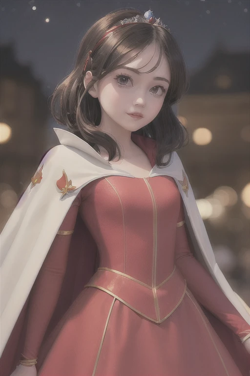 ((masterpiece:1.2), Best Quality, High resolution, Very detailed), Alone, One girl, (Snow Princess W,Disney&#39;s Snow White,Beautiful Skin:1.2),(Droopy eyes:1.4), (,Small breasts,Brown eyes,Big eyes,Black Hair,Retro Curly Bob:1.1),Elegant face,(A red headband with a red ribbon in the middle:1.3),
princess,Red Cape,(dress,skirt), Cowboy Shot,
Watching the audience, (Outdoor,At night,city:1.2) 