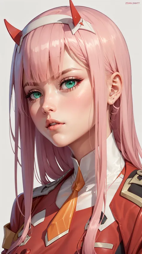 zero two \(darling in the franxx\), 1girl,horns,whtie hairband,long hair,pink hair,green eyes,,orange necktie, military uniform,...