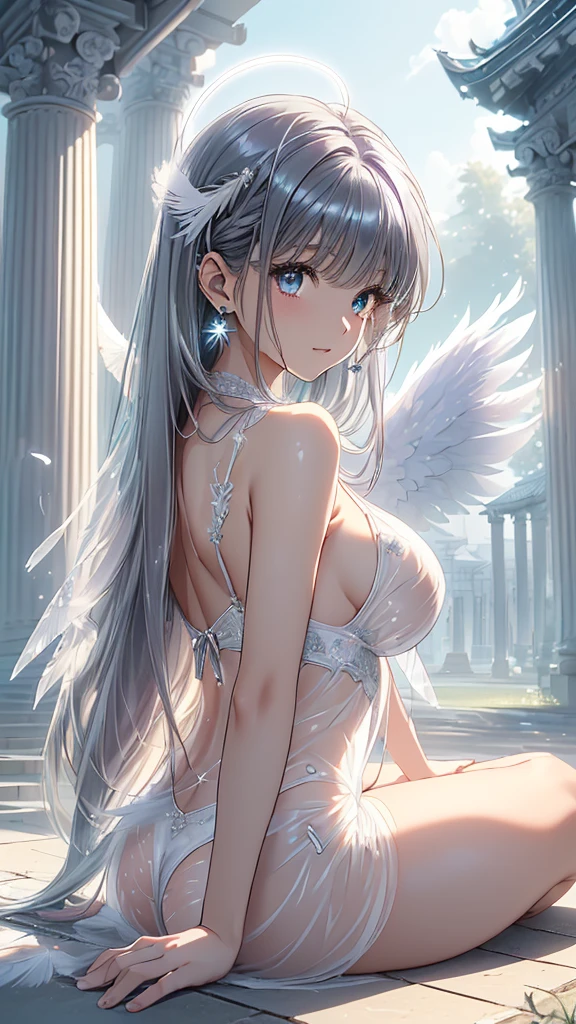 (The background is white bird feathers fluttering:1.9).(The background is a dazzling temple:1.9).(Dazzling pillar of light:1.9).(Angel Halo:1.9).(Colorful transparent angel wings:1.9)、(Top view:1.6).(上eye遣い:1.5).(Place your hands on the ground:1.9).(On all fours:1.8)(how:1.4).(nsfw:1.3).(Shiny skin:1.8).(Wet Skin:1.3).(Big Breasts:2.2).(Nipples are visible:1.1).Show off your breasts:1.5).beautiful girl,最high quality、Best image quality、masterpiece、girl((1 top model、 By becoming、Best Bust、Tea that opened my heart、shining eye,((Heterochromia iridis, (右eye, blue colored 右eye iris)(左eye, gray purple colored 左eye iris), eye; Red and gray purple)), Silver Metallic Hair、(Shiny, transparent indigo hair color:1.3), Silver and white smooth shiny top model hairstyle, Straight silk buns, Cut in a straight line hair and bangs, Bangs+Cut in a straight line, Long and smooth hair、thin,The highest valley、black 、Metallic pink lingerie、Shoulder Jewelry ,Diamond Earrings、Wristbands、White gloves)),high quality、Beautiful art、flight、Scattering fragments of light、Written boundary depth、movie、Visual Arts、Perfect Art、8k,Genuine、Dynamic Performance