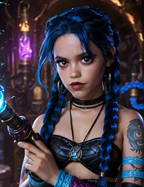 jenna ortega as jinx, cinematic photo professional of a beautiful ((ohwx woman)), blue braided black hair, colorful makeup,  ins...