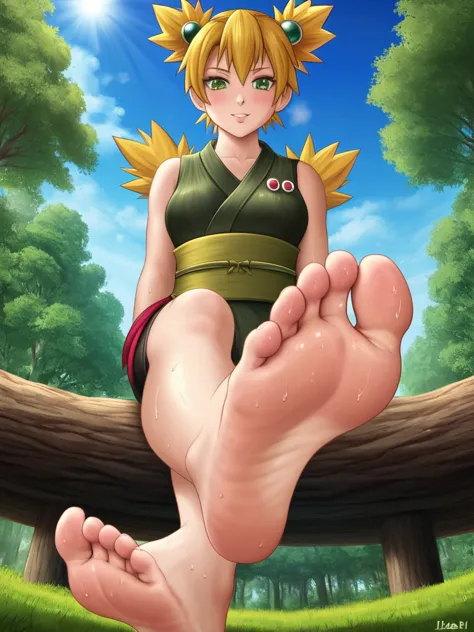 temari sitting low angle showing her stinky feet，detailed background，there are many trees behind，sky，barefoot，sweating soles of ...