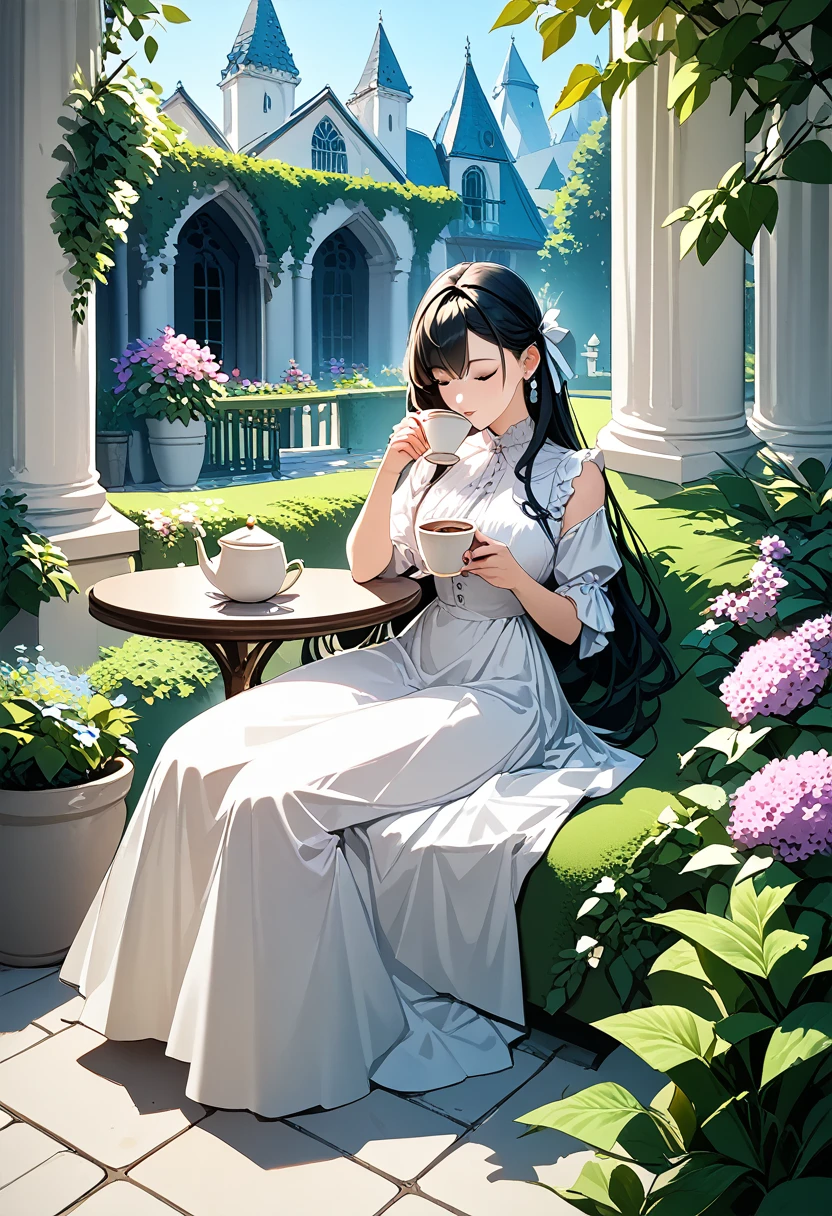 One girl, Long straight black hair,White blouse,Black long skirt,Garden of the mansion,Sitting in a chair drinking tea