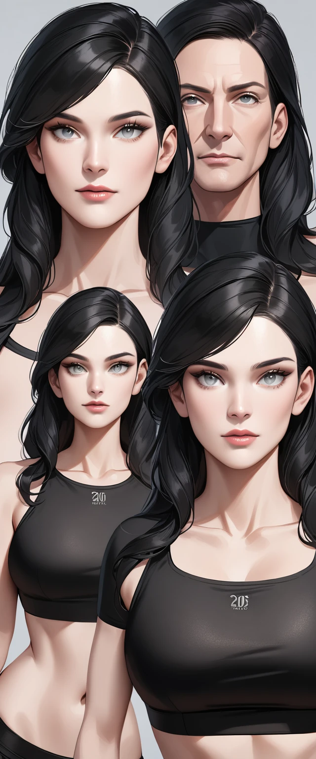 ((Realistic Face, Fascinating, Mature, White Eyes)), (Grey crop top, Black underwear, Short clothes), (Long black hair), (20 years), (1 girl), (4K Style))