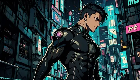 (top quality)(masterpiece)(very delicate writing)
(80s style anime),cyberpunk world.nitecity,one guy,muscular,
,all-black,model ...