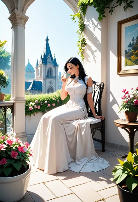 one girl, long straight black hair,white blouse,black long skirt,garden of the mansion,sitting in a chair drinking tea,(((((nsfw...