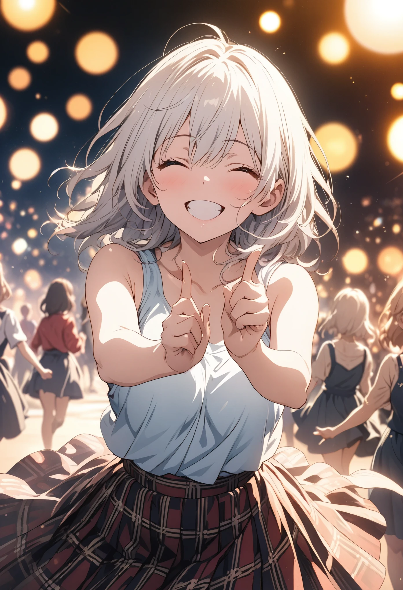 masterpiece, Best Quality, Highly detailed CG Unity 8k wallpaper, High School Girl Anime Illustration. Wear a large tank top, She is wearing a red and black checked skirt., Carp Dance, Pointing index fingers of both hands, She has her eyes closed and her mouth open, smile. The background is a light pastel colored landscape..., White hair color, Yellow Eyes, Bokeh Photo, (Soft Focus):1.2, Out of focus highlights, Dreamy atmosphere, Shining circle, Fascinating Depth, The background is a realistic landscape