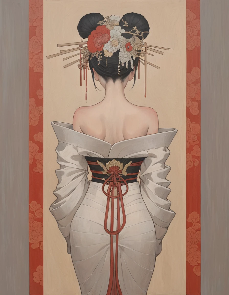 collage painting, many geishas, dramatic, sexy, romanticism, neo-classical, experimentalism, arms behind back, 