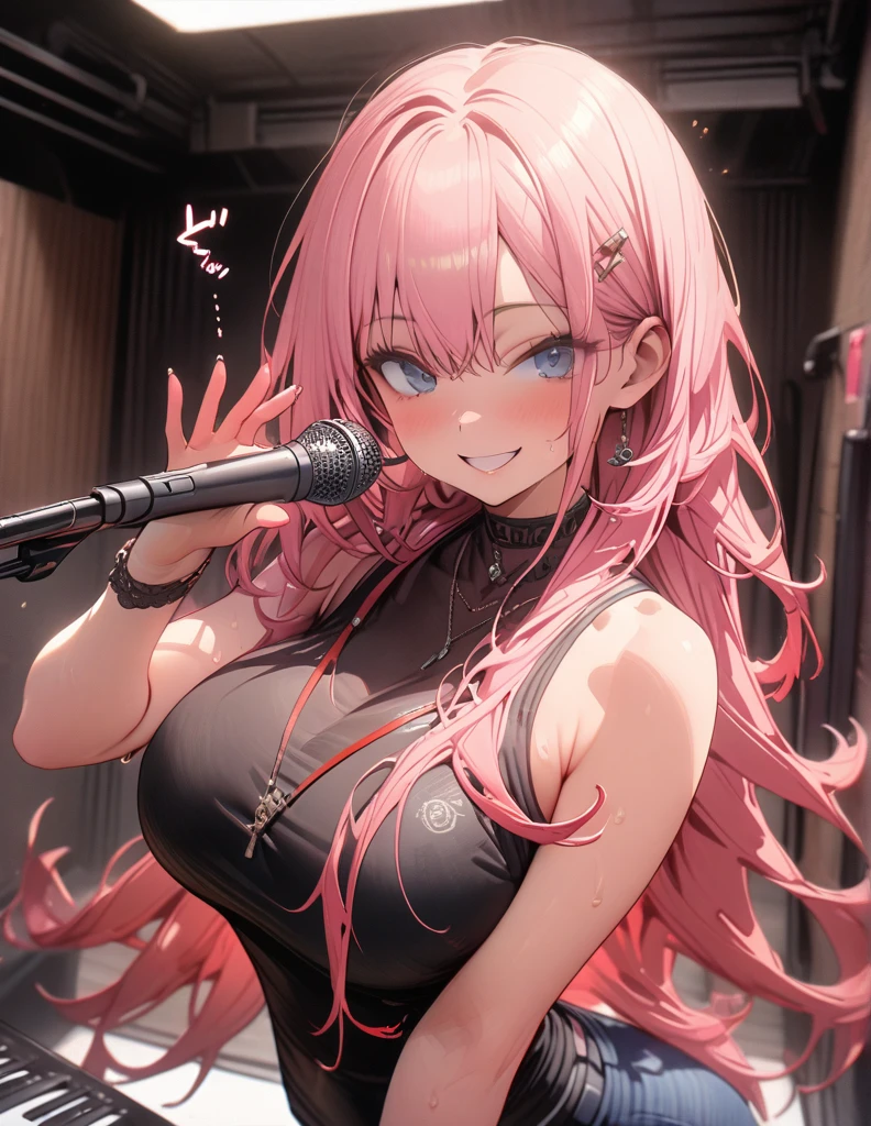 Obscene sound effects、Japanese moans, 2 female,frontal,short jeans,Black Tank top,big breasts, pink hair, Blue eyes, Long hair, detailed practice room, High resolution, masterpiece, Top quality, High detail, smooth skin, 8k,1 woman, solo, Looking at the viewer, Beautiful appearance, sing a song, microphone,smile, sweat,happy/happy, Light bolt touch, 