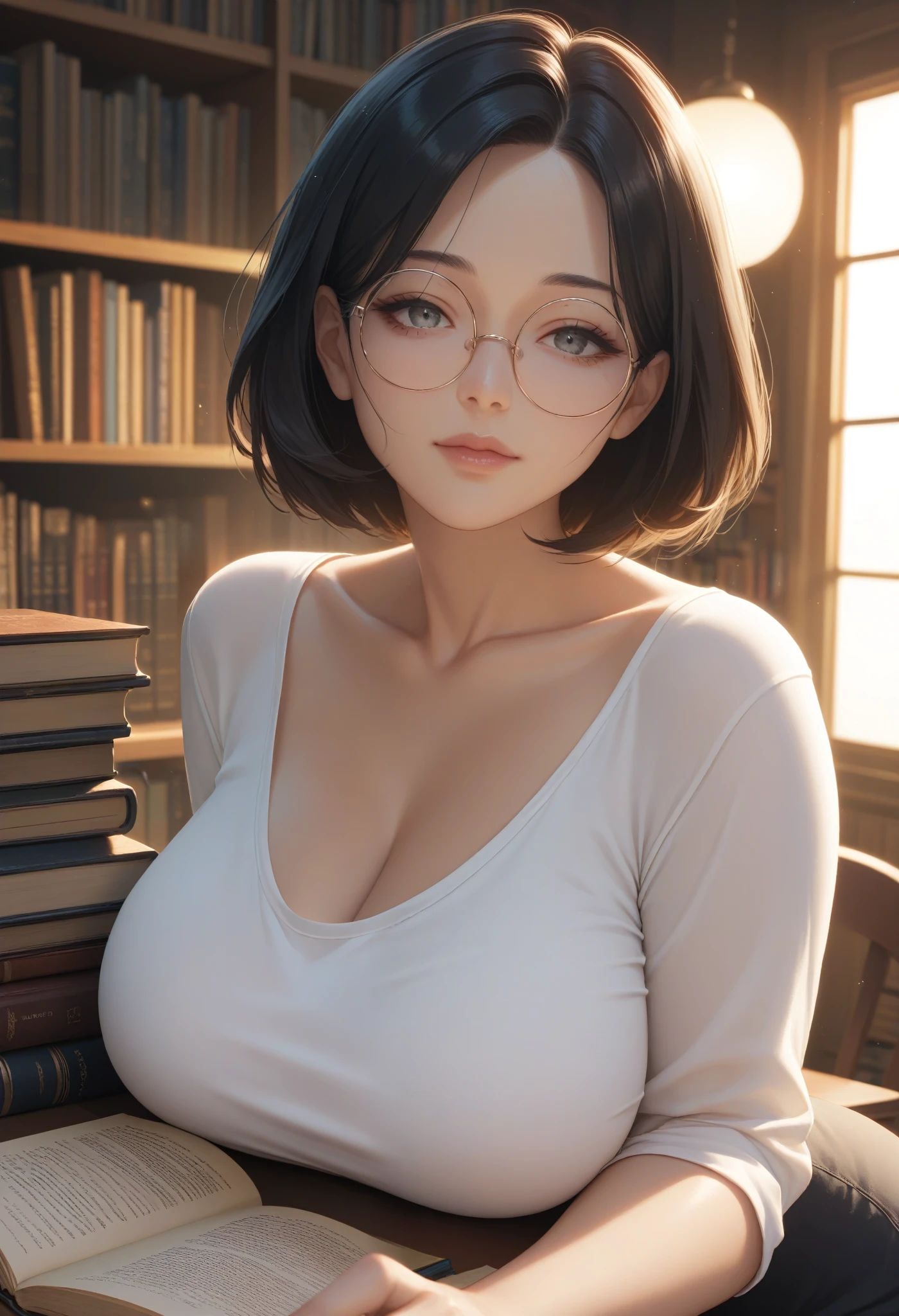 score_9,score_8_up,score_7_up,1girl,( looking horny),anime,milf,large natural breasts,girl,beautiful face,sexy girl,beautiful,narrow hips,big breasts,boob focus,
white shirt,black hair,collarbone,grey eyes,medium bob hair,book,bookshelf,glamor,curvy,round eyewear,short hair,indoors,glasses,
Volumetric Lighting,