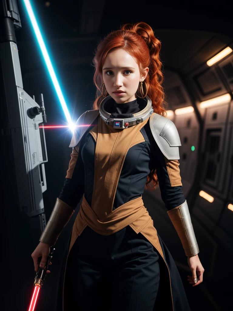 (((female jedi holds a laser pistol ready for battle and waits for her opponent))), (((very futuristisches science fiction ambiente, space station))) professional photography, Canon EOS 5 , a 1. ex, star wars style, very , (((jedi khight warrior outfit ))), 1 beautiful red-haired young woman, full upper body, beautiful detailled face, perfect anatomy, rothaarig (Christa Theret: 1.3), ( Alexia Fast: 1.3),Highly detailed youthful face, perfect proportions, ((red hair)), curly hair, nice ponytail,  very detailiert,  perfect and highly detailed face, immaculate, with whole body and an anatomically correct body, absolutely perfect face,16k, HDR, broad light, high contrast, sharp focus, RAW color photo, long simple earrings,  full body portrait masterpiece, attentive, curious, sharp background, 