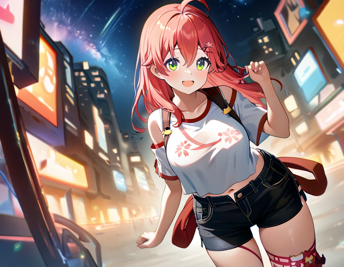 (8k、Best image quality、highest quality、masterpiece)、Detailed face、 1teen_girl、pink Hair、Long Hair、green_eyes、smile,(navel_peek)、(large_breasts),(White_short_T-shirt:1.5)、Off the shoulder、Black shoulder straps、(open_front_shorts,denim_short_shorts:1.2)、City Background, starry_sky_landscape ,sakura_miko,hololive,(covered_nipples:0.3), (belly_button:1.2),solo,stargaze,girl_looking_up_sky,shoot_boots,