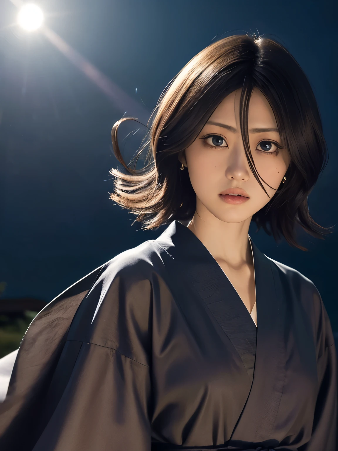 Black Hair, One girl, short hair, alone, (Hair between the eyes:1.75), View Viewer, blue eyes, black kimono, hakama pants, hight school girl,
最high quality, masterpiece, High resolution, high quality, natural skin, (upper body:1.3) photo of as (young:1.0) woman, dynamic angle, dynamic pose,
(slick undercut hair:1.2), (8k uhd:1.0), (best quality:1.0), (masterpiece:1.0), (sharp focus:1.0), (basic grey backdrop:1.0), Realistic photos, 
Black kimono, Purple eyes, 
starry sky, wind,night,star, shadow,ruins,twinkle star,