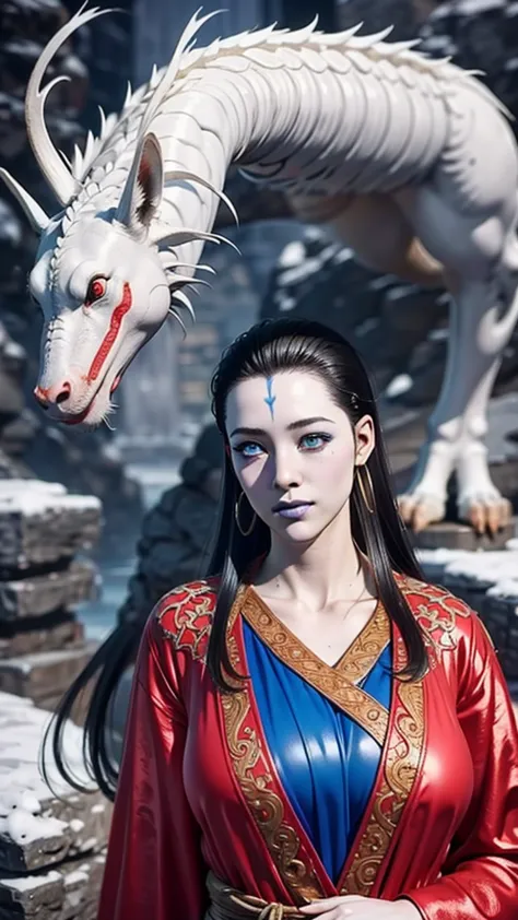 (（（perfect body,white and tender skin,（（（wearing a blue and red robe）））,(（（black myth: wukong - kang jinlong，forehead mark，blue ...