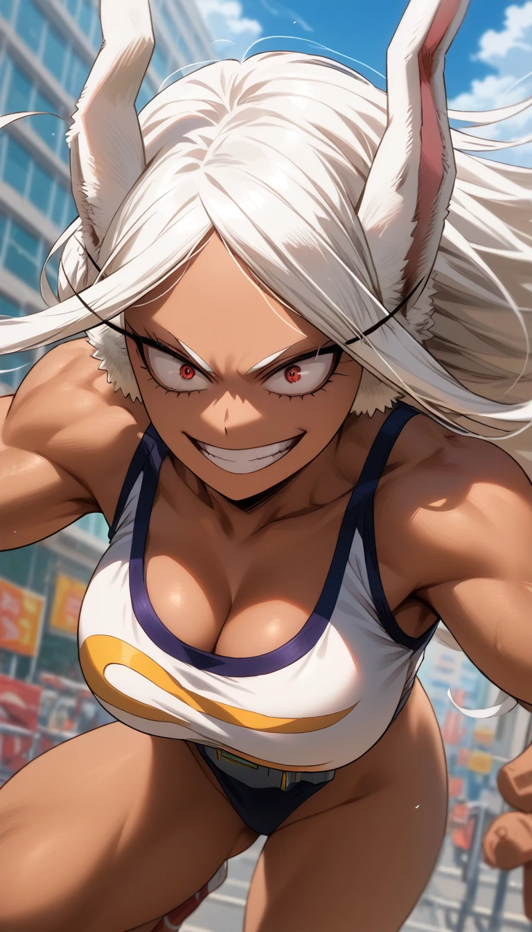 1girl, rumi usagiyama, My Hero Academia, (best quality), ((masterpiece)), (highres), 16K, animal ears, rabbit girl, dark skin, rabbit ears, red eyes, perfect face, long hair, white hair, parted bangs, wearing sports bra, wearing black panties, busty body, large breasts and a beautiful ass, showcasing cleavage, legs, hips, looking at viewer, smile, detailed whole body, city background