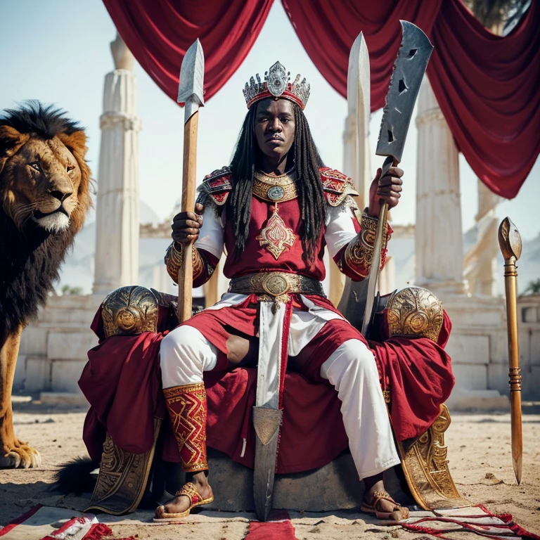 Capture the real and dominant presence of Xangô, a 3 man with black skin depicting a figure(( sitting on a throne,of stone,)) in an African village, with((( his faithful lion))) next to his throne adorned with majestic robes and a crown, short hair radiating authority and wisdom. clothes in colors ((((red and white, )))((( with a two-sided axe in hand)))