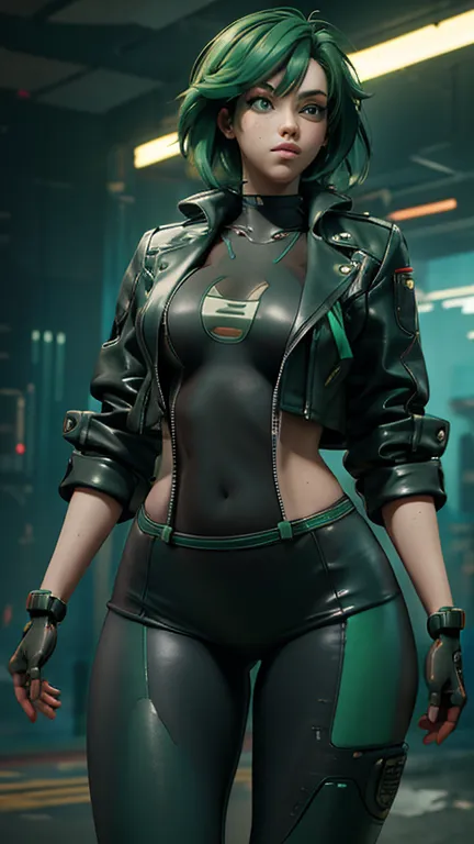 masterpiece, best quality, 1 woman, small breasts, wide hips, thicc thighs, cyberpunk style, green hair, cyber arm, jacket, thig...