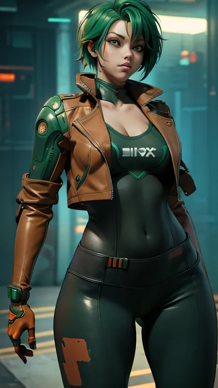 masterpiece, best quality, 1 woman, small breasts, wide hips, thicc thighs, cyberpunk style, green hair, cyber arm, brown jacket...