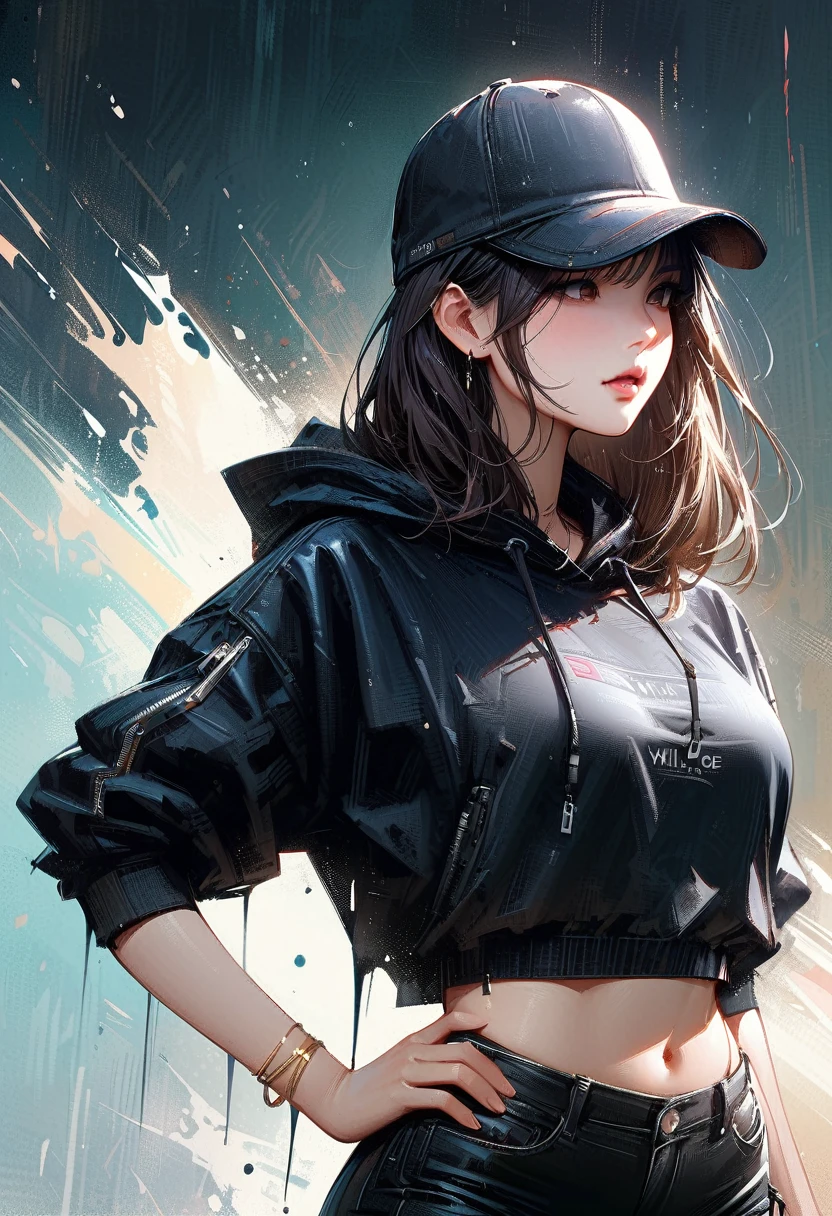 (masterpiece, See the details、Realistic texture with precise expression、Best Quality, Balayage highlighting:1.2), 1 girl, Alone、Gal、Splash、Sulky face、Cool vibe、(White crop top hoodie、Black leggings,whole body、(Big Breasts)、Sturdy body、Gold Anklet、Standing with a cap on)
